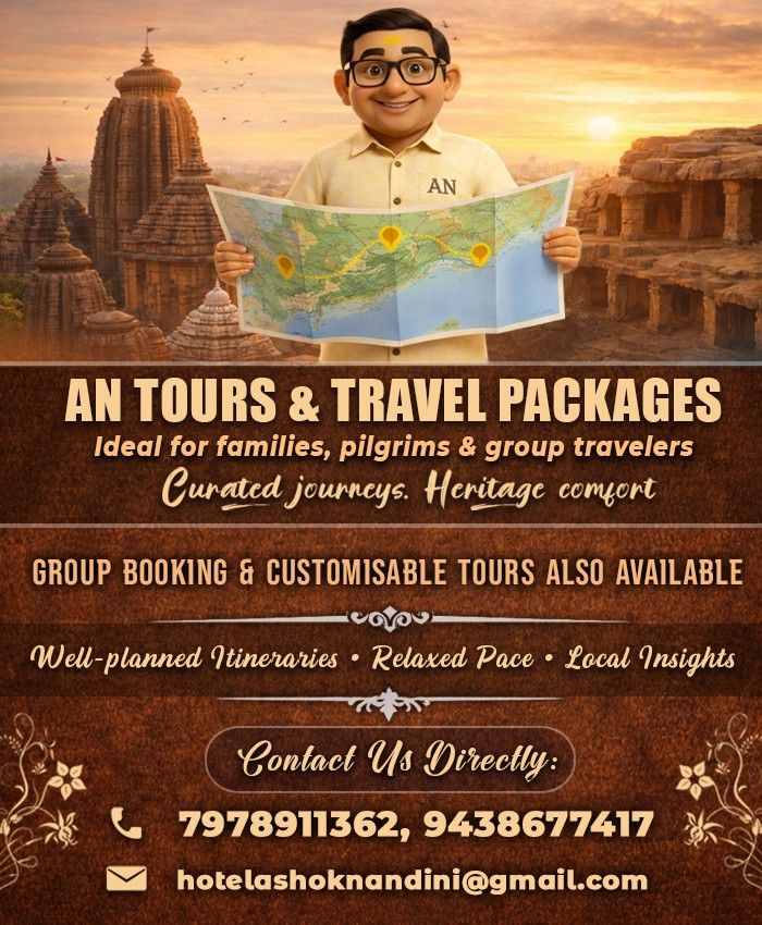 AN Tours & Travel Packages banner featuring guide Anna and iconic Odisha temples, offering customized heritage and pilgrimage tours.