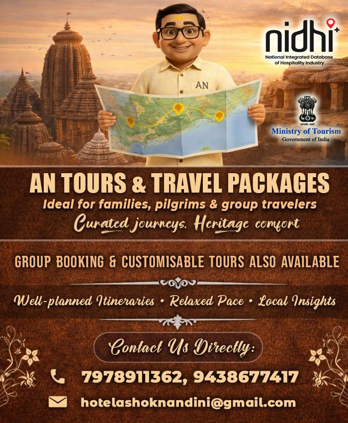 AN Tours & Travels banner featuring guide Anna alongside iconic Odisha temples, promoting customized heritage and pilgrimage tour packages. NIDHI-approved by the Ministry of Tourism Government of India, ensuring trusted and government-recognized travel services.
